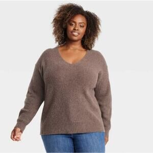 Ava & Viv Women V-Neck Soft Cozy Ribbed Knit Pullover Sweater Size 1X Brown NWT